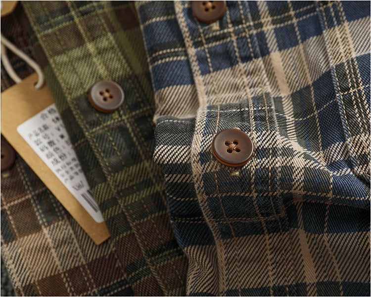 2024 Spring and Autumn New American Retro Woven Plaid Cargo Shirt Men's Simple 100% Cotton Washed Single Pocket Thin Jacket