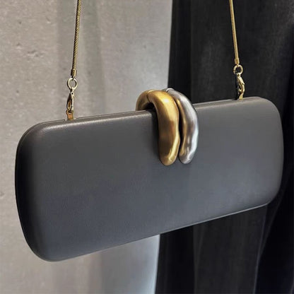 Long Rigid Clutch Retro Metal Luxury Shoulder Bag Fashion Removable Metal Chain Handle Crossbody Bag Clip Closure Banquet Bag