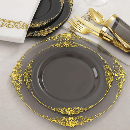 175pcs Clear Black Plastic Plates with Gold Accents Premium Disposable Dinnerware Set for 25 Guests Featuring 50 Plates 75 Gold