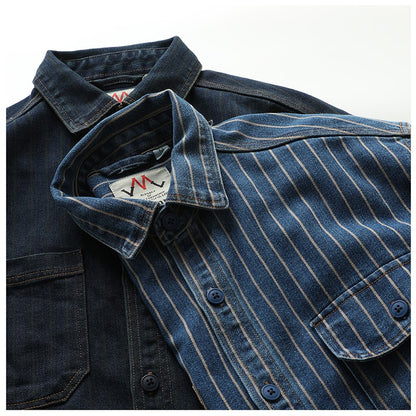 American Retro Workwear Long Sve Denim irt Loose Casual Striped ket irt Youth Trend Autumn Wear Iron Free