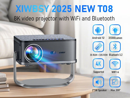 Projetor XIWBSY 2025 Novo T08 35000 Lumens para Filmes à Luz do Dia Android 12.0 Smart Projetor 8K Decodificação Foco Automático