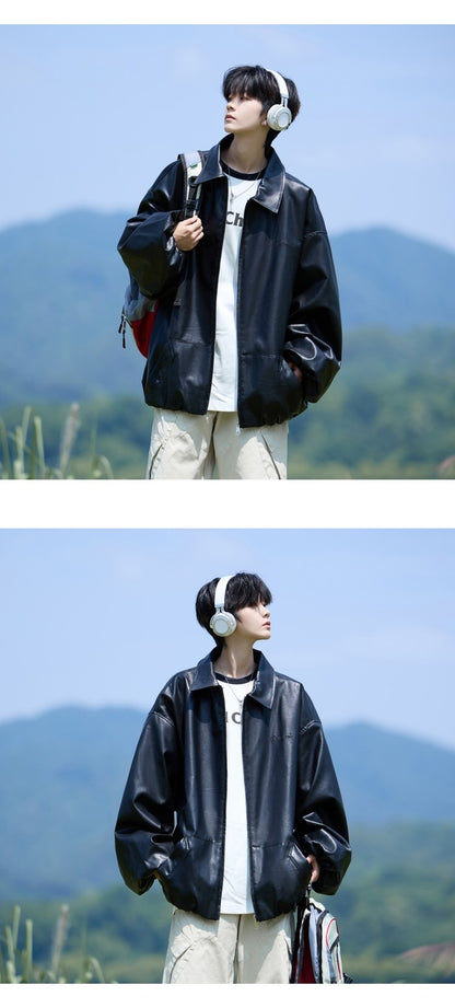 Trend Men's Faux Leather Jacket Autumn Winter Fashionable Solid Color Standing collar PU Leather Biker Jacket Handsome Men Coat