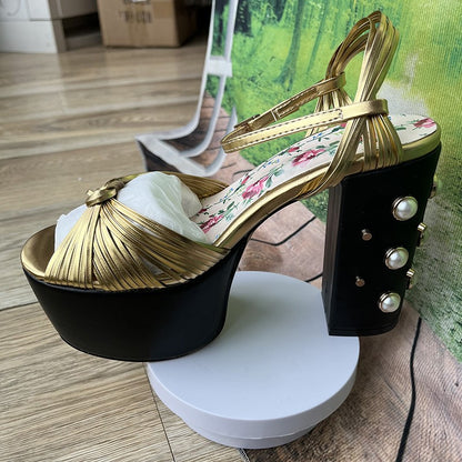 Luxury Brand Women's Summer Fashion Metal Platform Sandals Large 34-42 Super High Heel Thick Bottom Rivet Party Women's Shoes