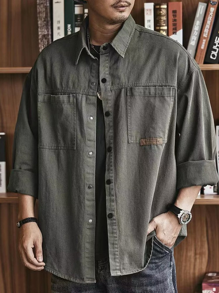 Autumn Men's Long Sleeve Cargo Shirt Casual Korean Fashion Oversize Blouses Hombre 2025 New High Street Y2K T Shirt Baggy Jacket