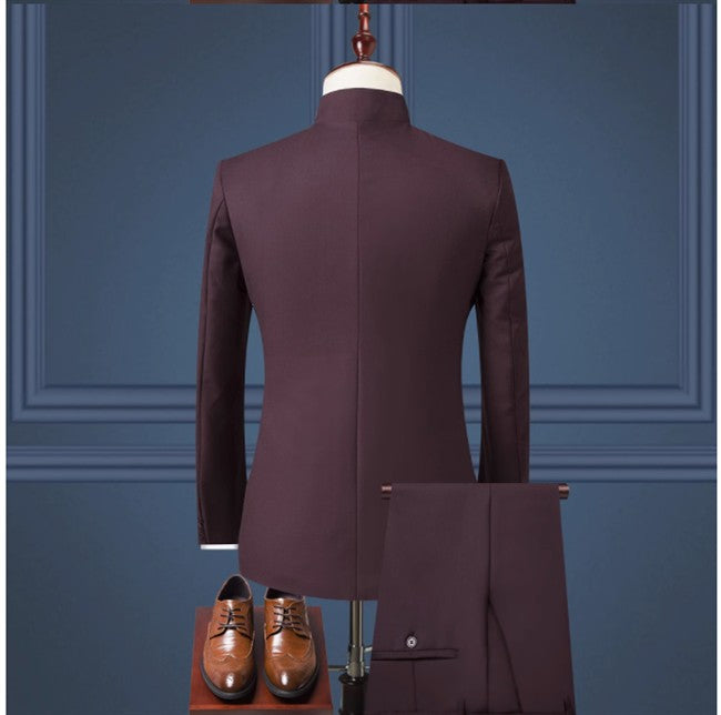 (Jacket+Pants) Men Fashion Simple Wedding Suit Black / Blue / Wine Red 2025 Homme Stand up Collar Business Social Dress 2Piece
