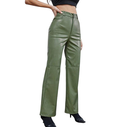 Leather Pants For Women High Waist Straight Slimming Side Pockets Solid Color Casual Party Spring Fall Trousers