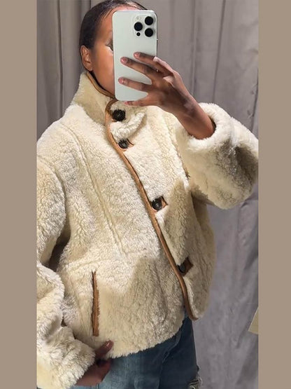 Suede Plush Both Sides Women's Coat Jacket Single Breasted Stand-Up Collar Pockets Female Jackets Autumn Loose Solid Coat Ladies