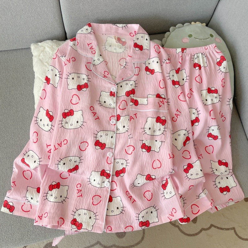 Cartoon Hello Kitty Pajamas Set Women's Autumn Winter Long Sleeve Loungewear Pink Cute Sleepwear Kawaii Soft Homewear Outfit
