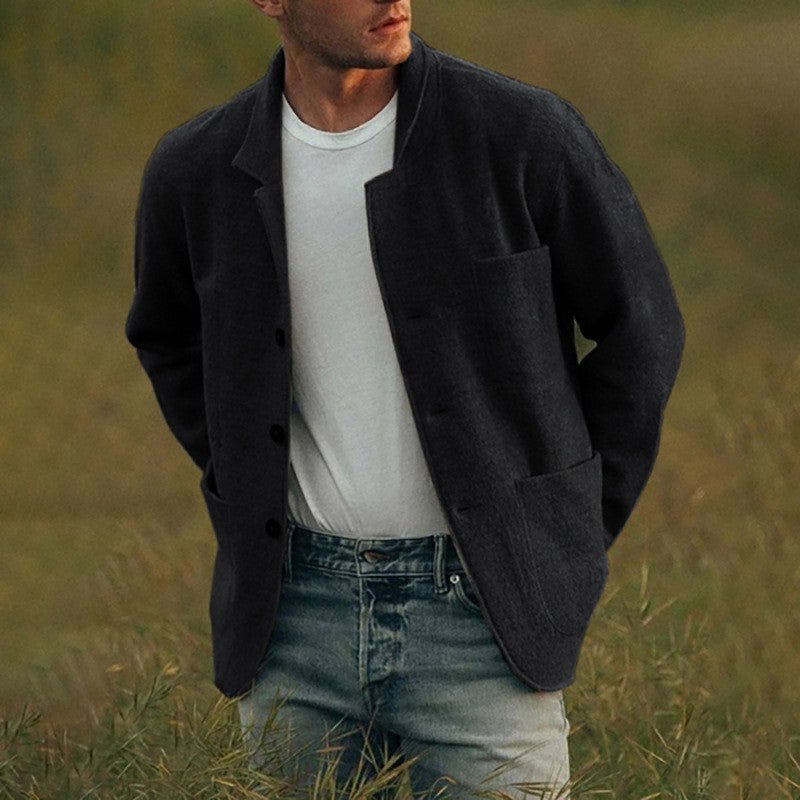 Men Woolen Coat Stand Collar Solid Color Windproof Autumn Winter Thicken Trench Coat Overcoat Business Windbreaker Streetwear