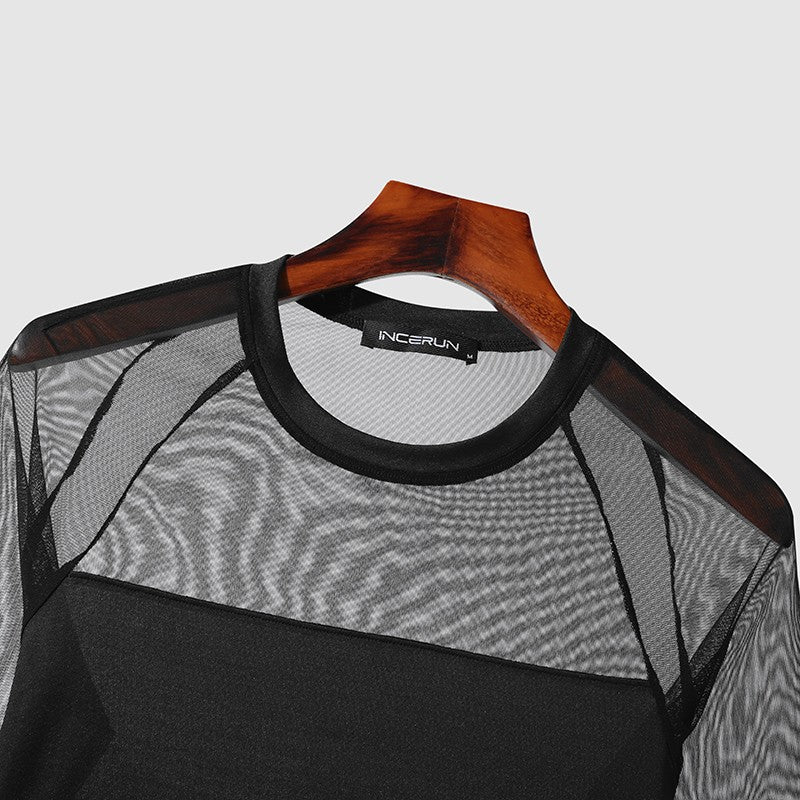 Men Bodysuits Mesh Patchwork O-neck Long Sleeve Sexy Rompers Male T Shirts Fitness Transparent 2023 Fashion Bodysuit INCERUN