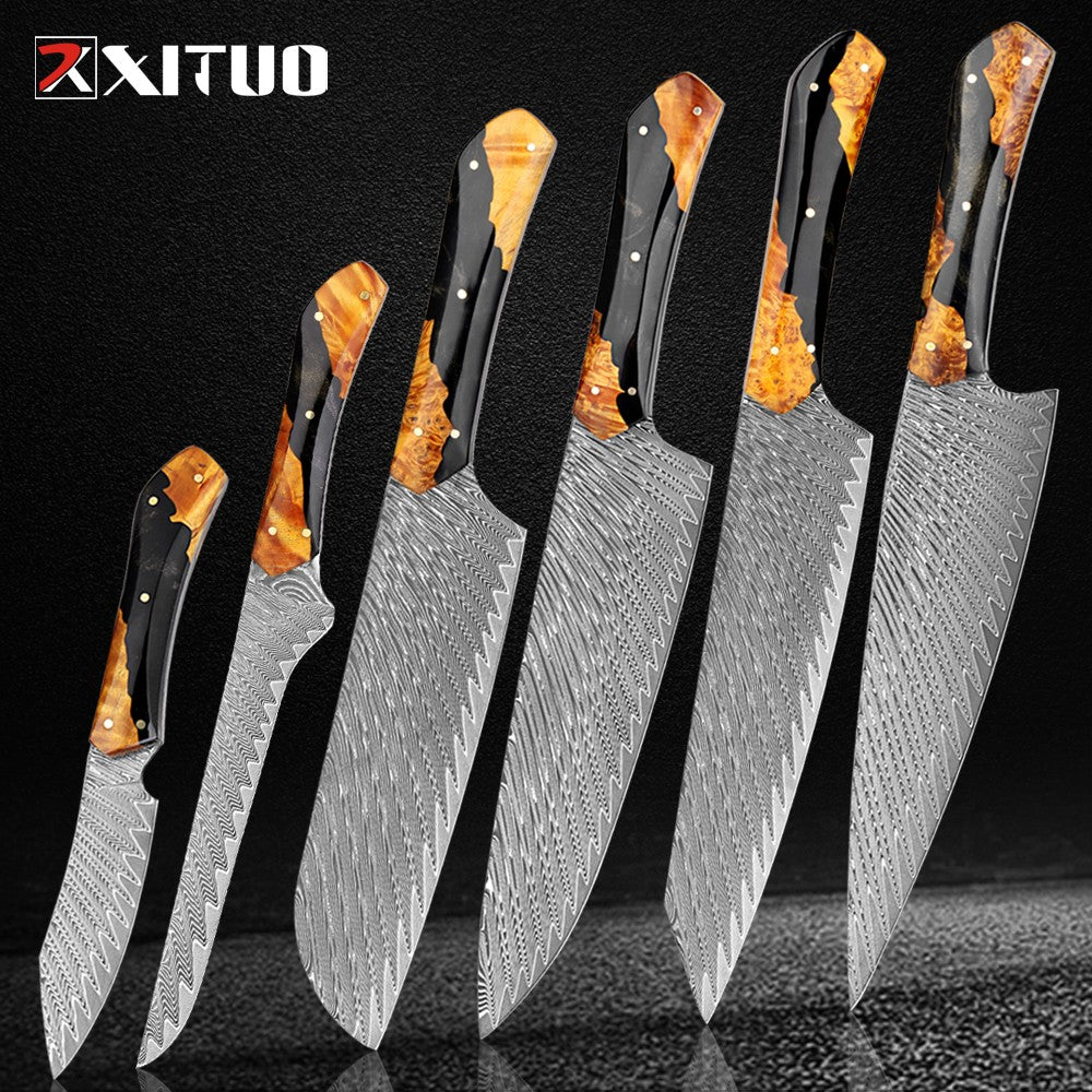 Conjunto de Facas de Chef XITUO Artesanais de Aço Damasco 1-5 peças, Facas de Cozinha Full Tang Extremamente Afiadas Santoku e Faca para Legumes, Cabo Ergonômico