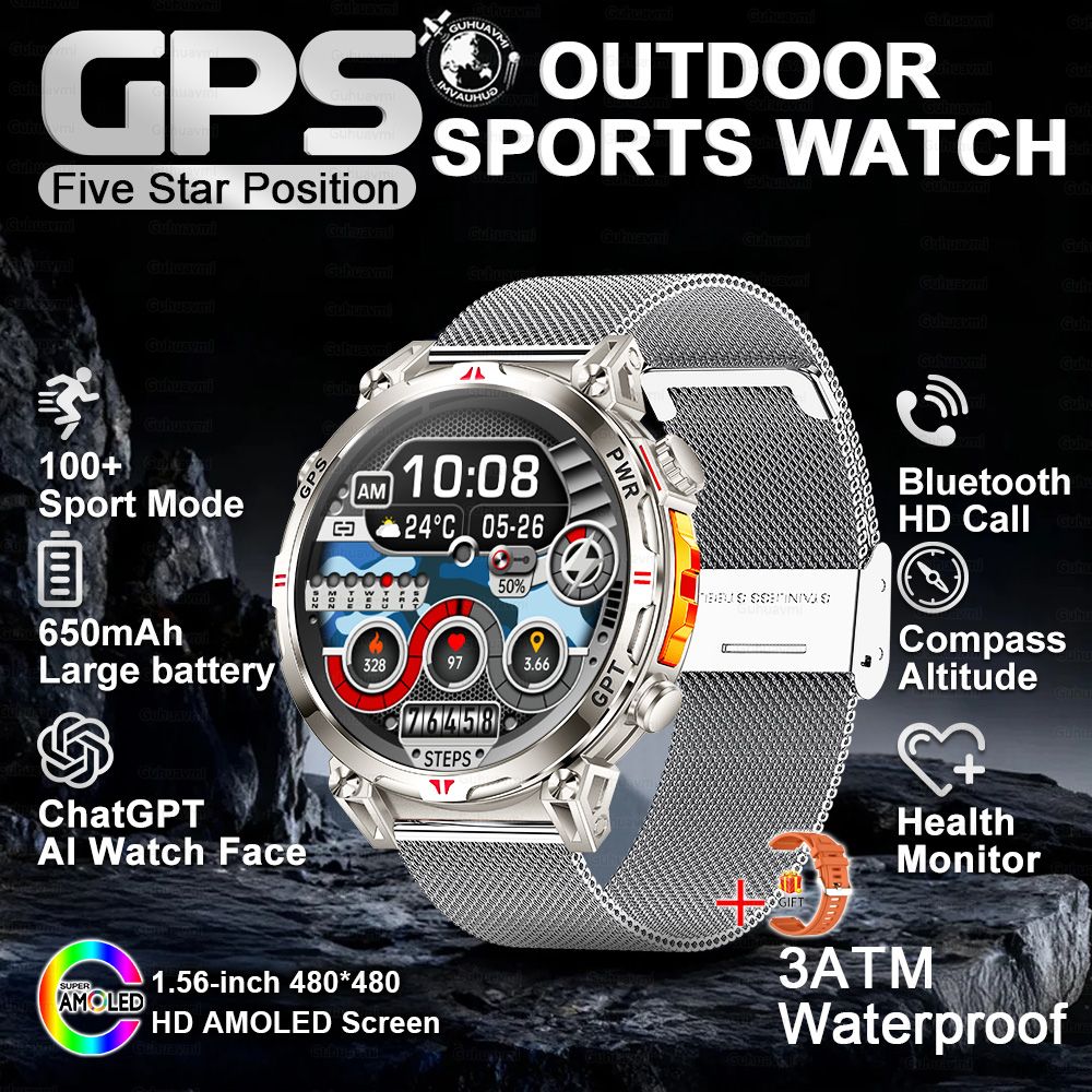 2025 Novo Relógio Inteligente Militar GPS para Exteriores Masculino 650mAh Bússola Altímetro 10ATM à Prova D'água Frequência Cardíaca Chamada Esportiva Smartwatch