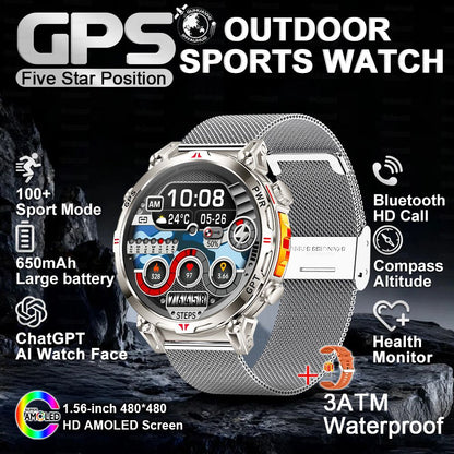 2025 Novo Relógio Inteligente Militar GPS para Exteriores Masculino 650mAh Bússola Altímetro 10ATM à Prova D'água Frequência Cardíaca Chamada Esportiva Smartwatch