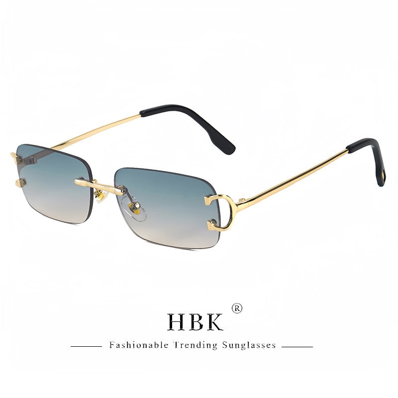 HBK Retro Rimless Sunglasses For Women Men Small Square Gold Frame Brand Design Tea Shades Rectangle UV400 Zonnebril Eyewear