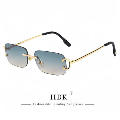 HBK Retro Rimless Sunglasses For Women Men Small Square Gold Frame Brand Design Tea Shades Rectangle UV400 Zonnebril Eyewear