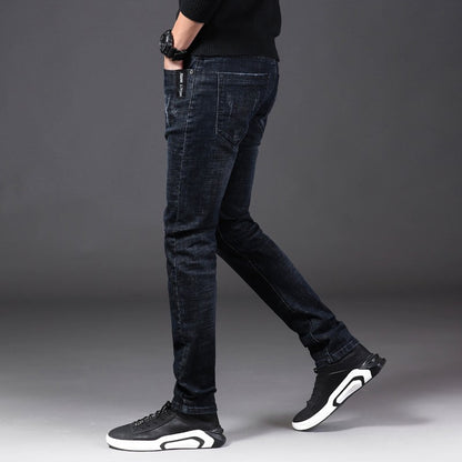 Men Winter Thermal Jeans Snow Warm Stretch Straight Jeans Man Fleece Denim Long Pants Cool Narrow Leg Slim Fit Blue Trousers