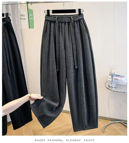 2025 Autumn Winter New All-match Fashionable Solid Color Elastic Waist Wide Leg Pants Women Clothes Casual Drawstring Trousers