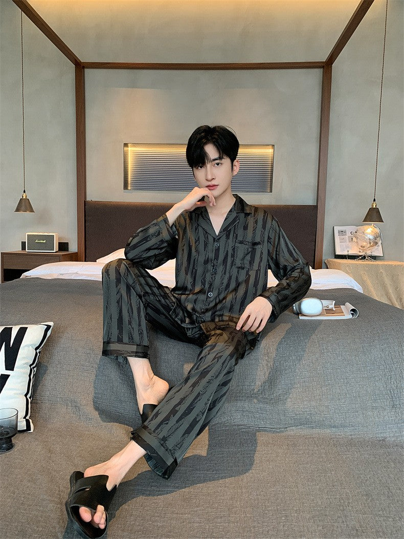 Large Size Ice Silk Men's Sleepwear 2025 New High-End V-Neck Thin Long Sleeved Two-Piece Set for Home Wear Youth Nightwear