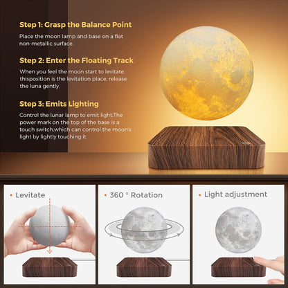 Levitating Moon Magnetic Floating Night Light, 3 Colors Temperature, Creative Table 3D LED Lamp with Wooden Base for Gift Office