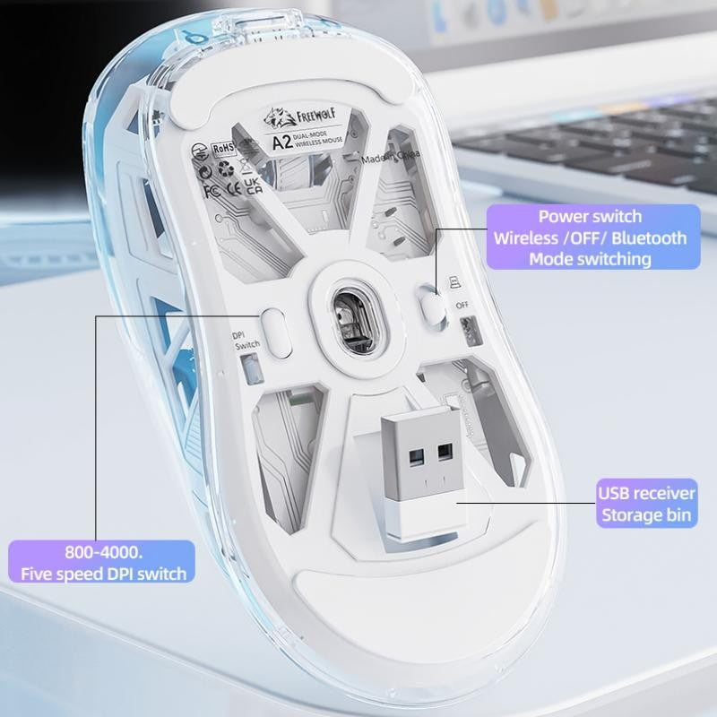 Mouse Bluetooth A2 com tela digital transparente RGB, conexão sem fio de modo duplo, compatível com Win/Mac