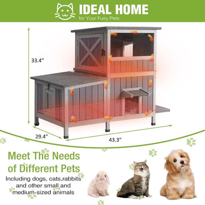 Casa de Gato Aquecida Extra Grande, Casa de Gato Isolada para Exterior, Abrigo para Gatos Selvagens à Prova de Intempéries com 2 Seções e Almofada de Aquecimento Segura, 6 Lados