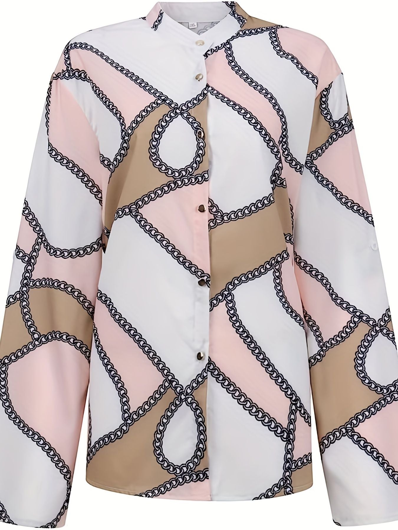Plus Size Casual Top, Women's Plus Colorblock Chain Print Button Up Roll Up Sleeve Round Neck Top