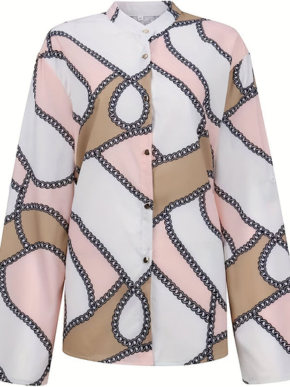 Plus Size Casual Top, Women's Plus Colorblock Chain Print Button Up Roll Up Sleeve Round Neck Top