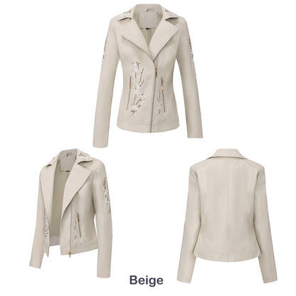 New Fall Women's Black Embroidered PU Jacket, Street-Style Brown Faux Leather Coat, Fashionable Beige Long Sleeves Top.