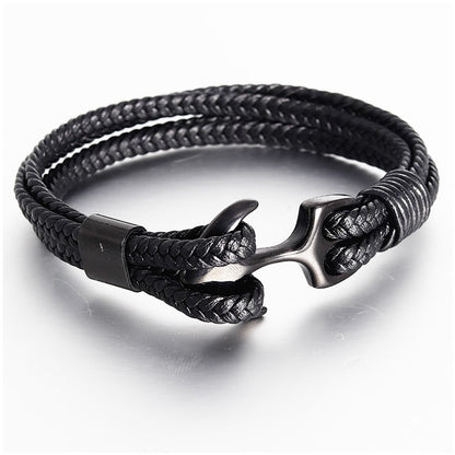 Pulseiras de Âncora Punk de Aço Inoxidável Pulseira de Couro Genuíno e Braceletes Masculinos Joias Pretas Presente de Moda
