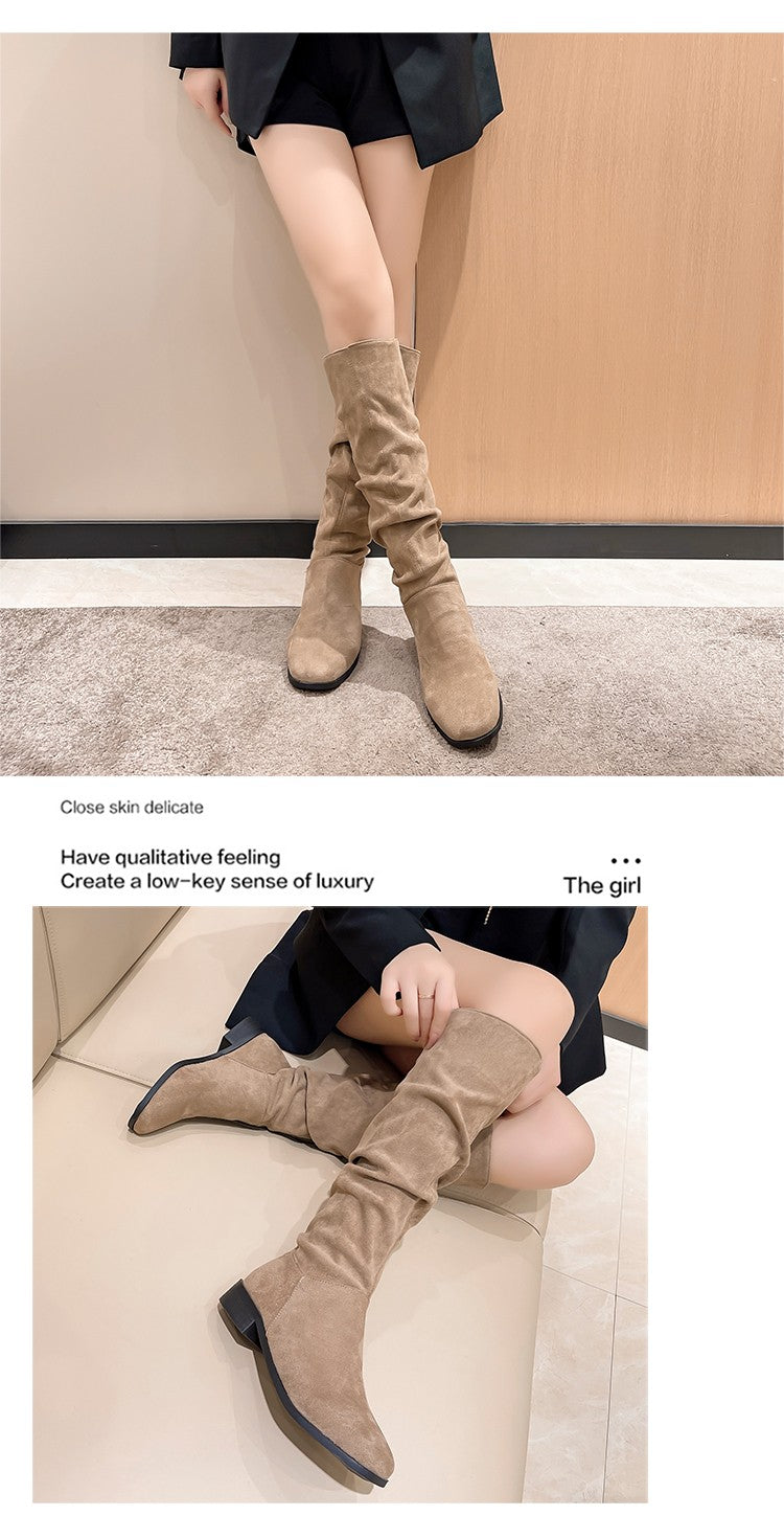 Pleated Boots Women Faux Suede Flock Knee High Boots 2024 Winter Women Fashion Slip on Square Low Heel Knight Booties Mujer 202