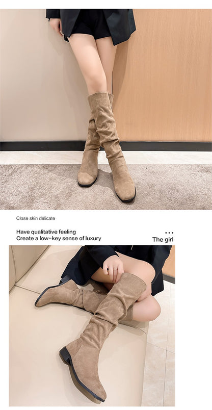 Pleated Boots Women Faux Suede Flock Knee High Boots 2024 Winter Women Fashion Slip on Square Low Heel Knight Booties Mujer 202