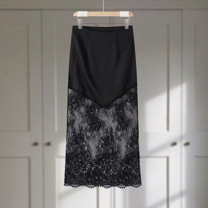 Satin Skirts Women Loose High Waist Patchwork Lace See Through Skirt Female 2025 Chic Solid Sexy Elegant Streetwears