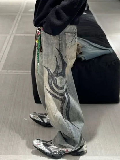 MIJKO New Retro Dragon Pattern Totem Print Bamboo Baggy Drawstring Washed Jeans For Men Women Denim Pants ZJ083