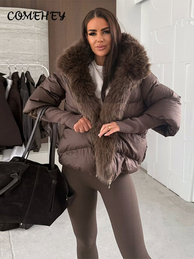 Faux Fur Spliced Hooded Cotton Jackets Women Zipper Long Sleeve Pocket Warm Coats 2025 Winter Fashion Solid Down Jacket New