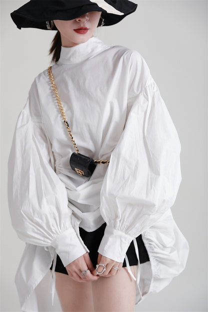 2025 Women Irregular Drawstring Big Size White Blouse New Stand Collar Long Sleeve Shirt Fashion Tide Spring Autumn