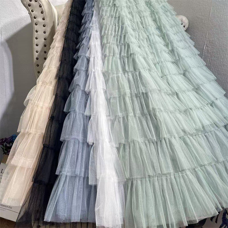 HOT Solid Multilayer Ruffle Mesh Skirt Women Boho High Waist Long Maxi Tulle Skirt Spring Summer Party Women's Clothing