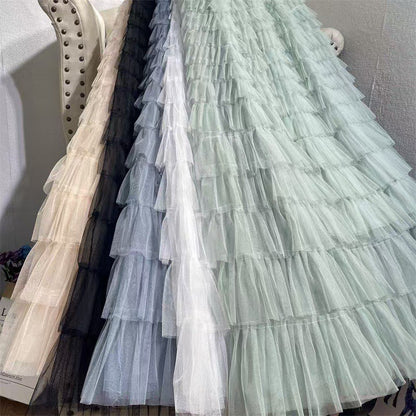HOT Solid Multilayer Ruffle Mesh Skirt Women Boho High Waist Long Maxi Tulle Skirt Spring Summer Party Women's Clothing