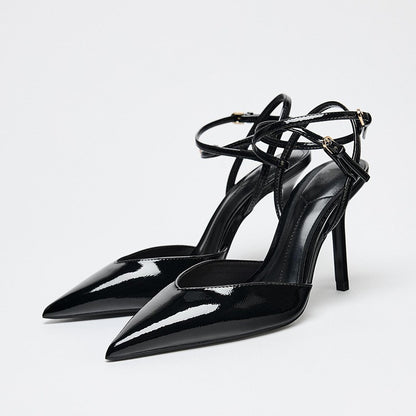Sexy Pointed Toe Patent Leather Women Pumps Elegant Ankle Strap Buckle High Heels Luxury Designer Shoes Mules Heeled Sandals