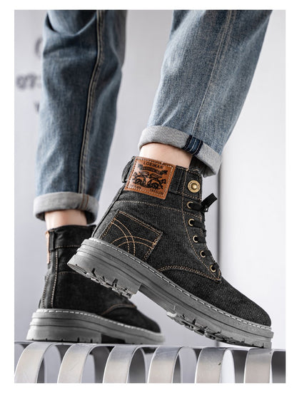 Retro blue men's denim boots, lace-up thick-soled boots, men's ankle boots, casual men's work shoes, Botas Hombre, size 48