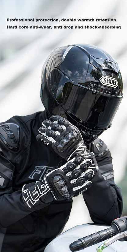 Luvas de Inverno FEHER para Moto Couro Touchscreen Quente Impermeável Junta de Dedo em Fibra de Carbono Luvas de Motociclismo
