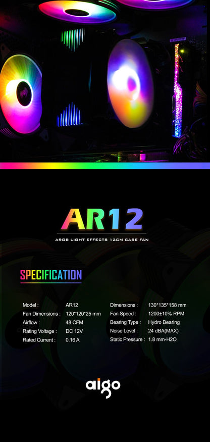 Aigo AR12 120mm PC Gamer Computer Case Fan RGB 12v Heatsink Aura Sync Cooler Argb Silent Controller Kit Fan Cooling Ventilador
