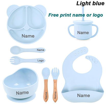 Feeding Set Silicone For Baby Sucker Bowl Dishes Plate For Kids Bear Plate Set Baby Tableware Children's Cup With Straw 8Pcs