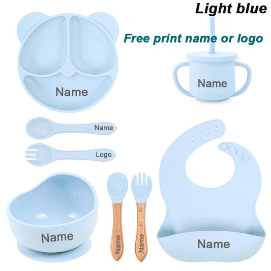 Feeding Set Silicone For Baby Sucker Bowl Dishes Plate For Kids Bear Plate Set Baby Tableware Children's Cup With Straw 8Pcs