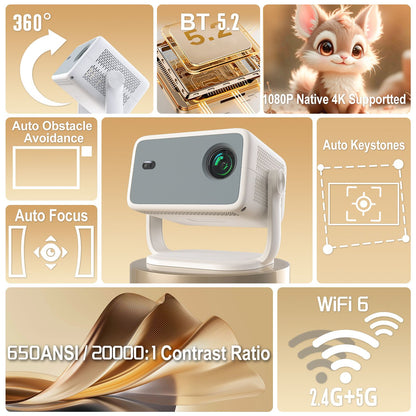 Projetor Velec Compatível com Netflix Android 13 4K Nativo 1080P 650ANSI Com Foco Automático Wifi6 BT5.2 Projetor Doméstico e Externo
