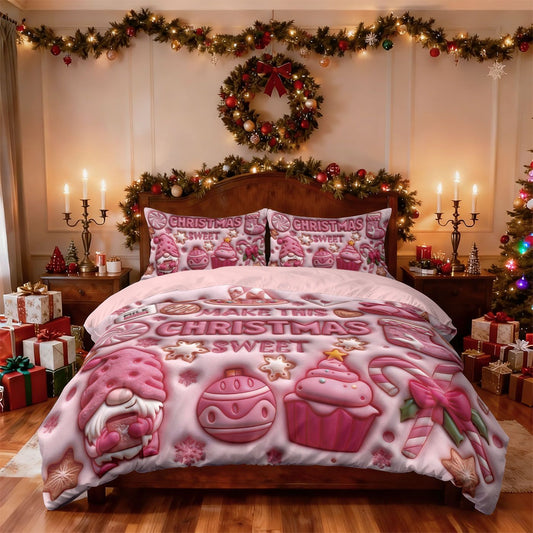 3pcs pink imitation relief Christmas dwarf print coreless duvet cover set soft dormitory bedroom multiple sizes machine washable