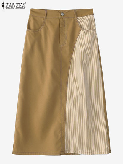 ZANZEA Women Plus Size Skirts High Waist Denim Striped Long Skirt Casual Vintage Big Size Skirt Summer Pockets Fashion Bottoms