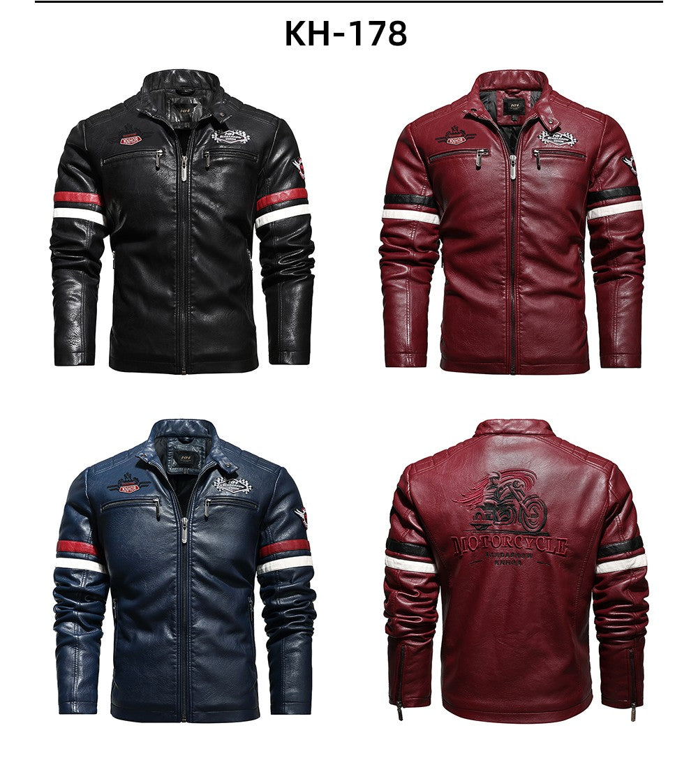 Vintage Motorcycle Jacket Men Fashion New Biker Leather Jacket Male Embroidery Bomber Coat Winter Fleece Pu Overcoat