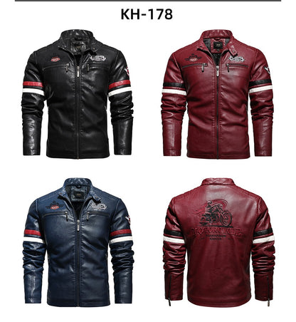 Vintage Motorcycle Jacket Men Fashion New Biker Leather Jacket Male Embroidery Bomber Coat Winter Fleece Pu Overcoat