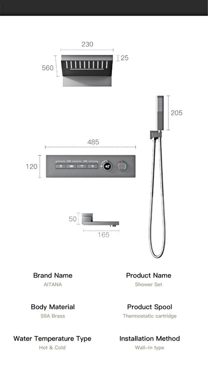 Luxury gun gray brass thermostatic shower system wall mounted LED digital display hot and cold water bathroom embedded faucet