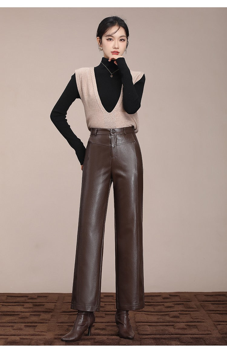 ZUZK Winter Pu Leather Pants New Elastic Waist Straight Pants PU Leather Trousers Large Size Fashion Warm Long Pants